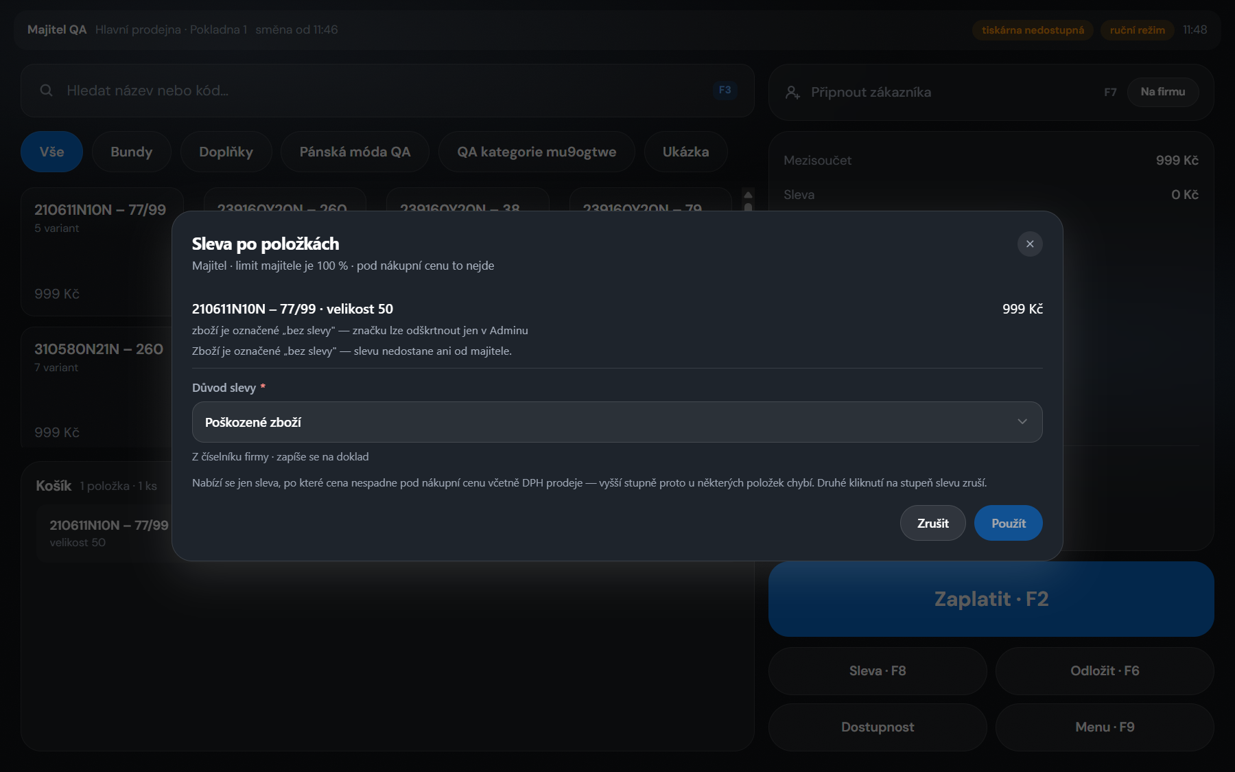 Okno slevy nad rozdělaným účtem